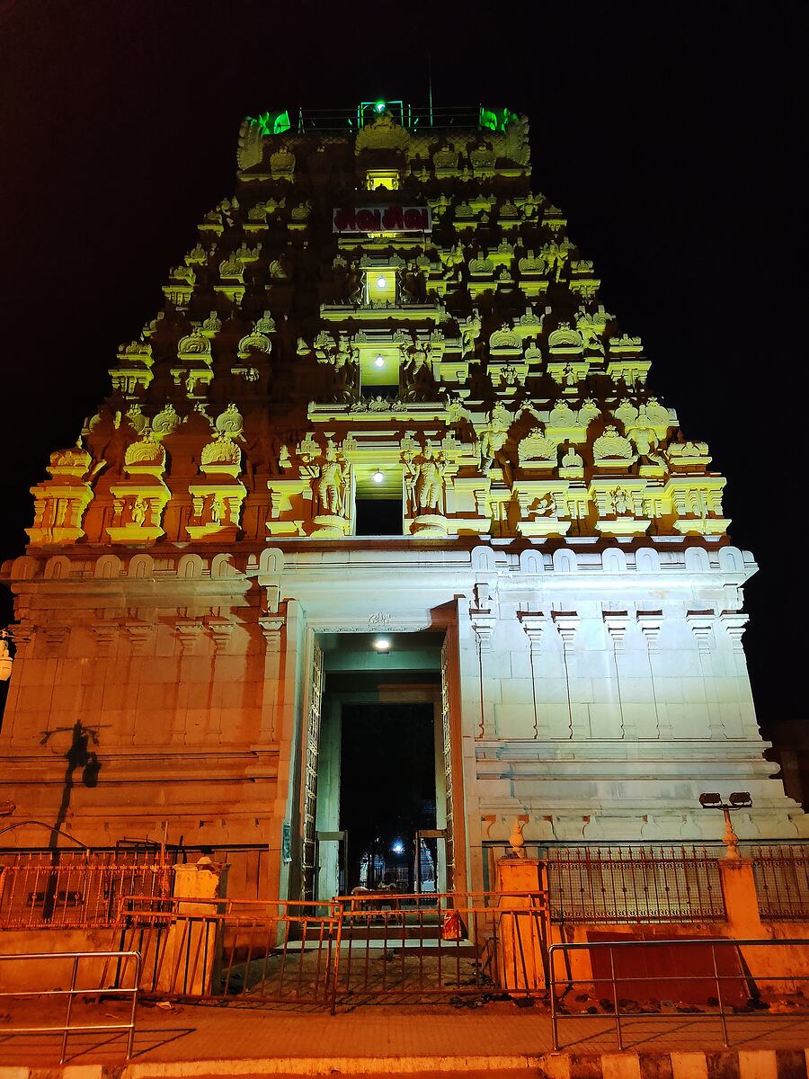 The gopuram at Rameswaram lit against a night sky